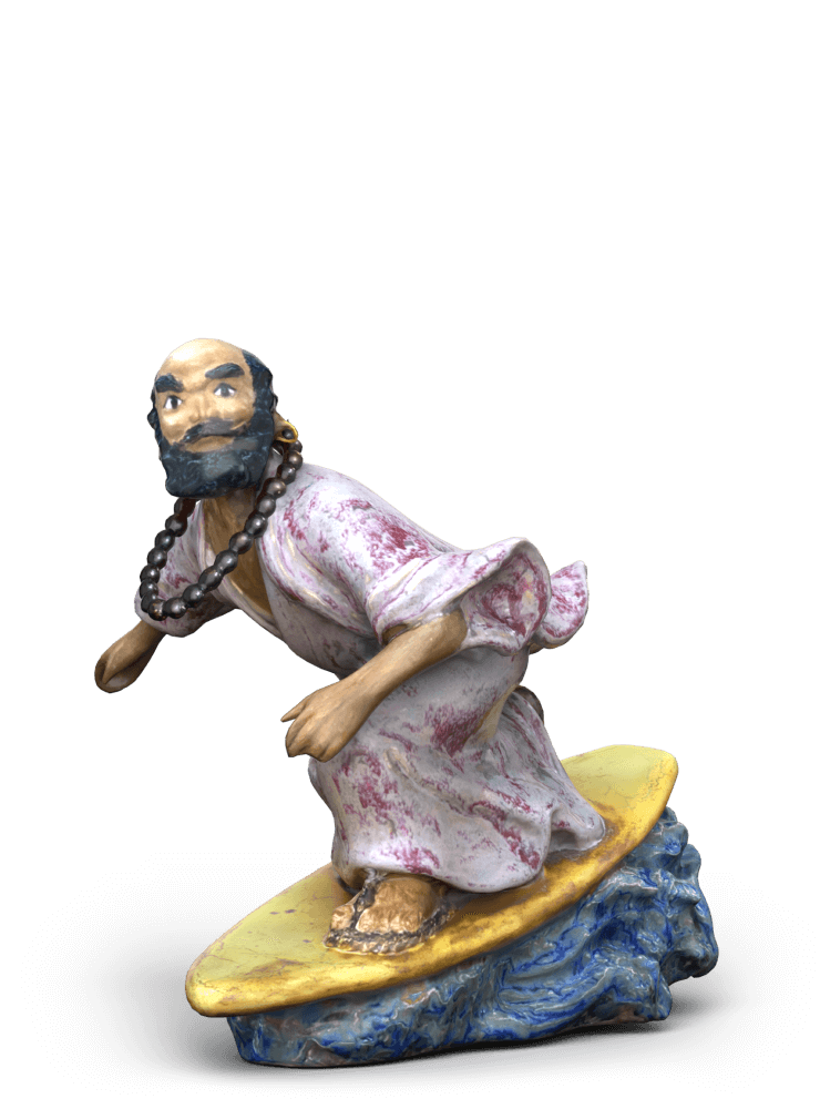 Bodhidharma - crossing the river with surfboard - Rebecca Wong